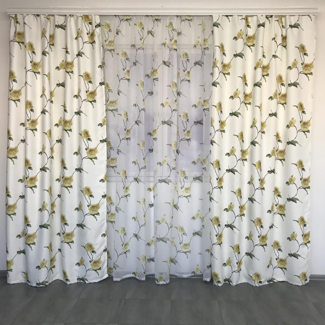 Готовые атласные шторы 150x270 cm 2 шт. с тюлем 400x270 см ALBO Желтый