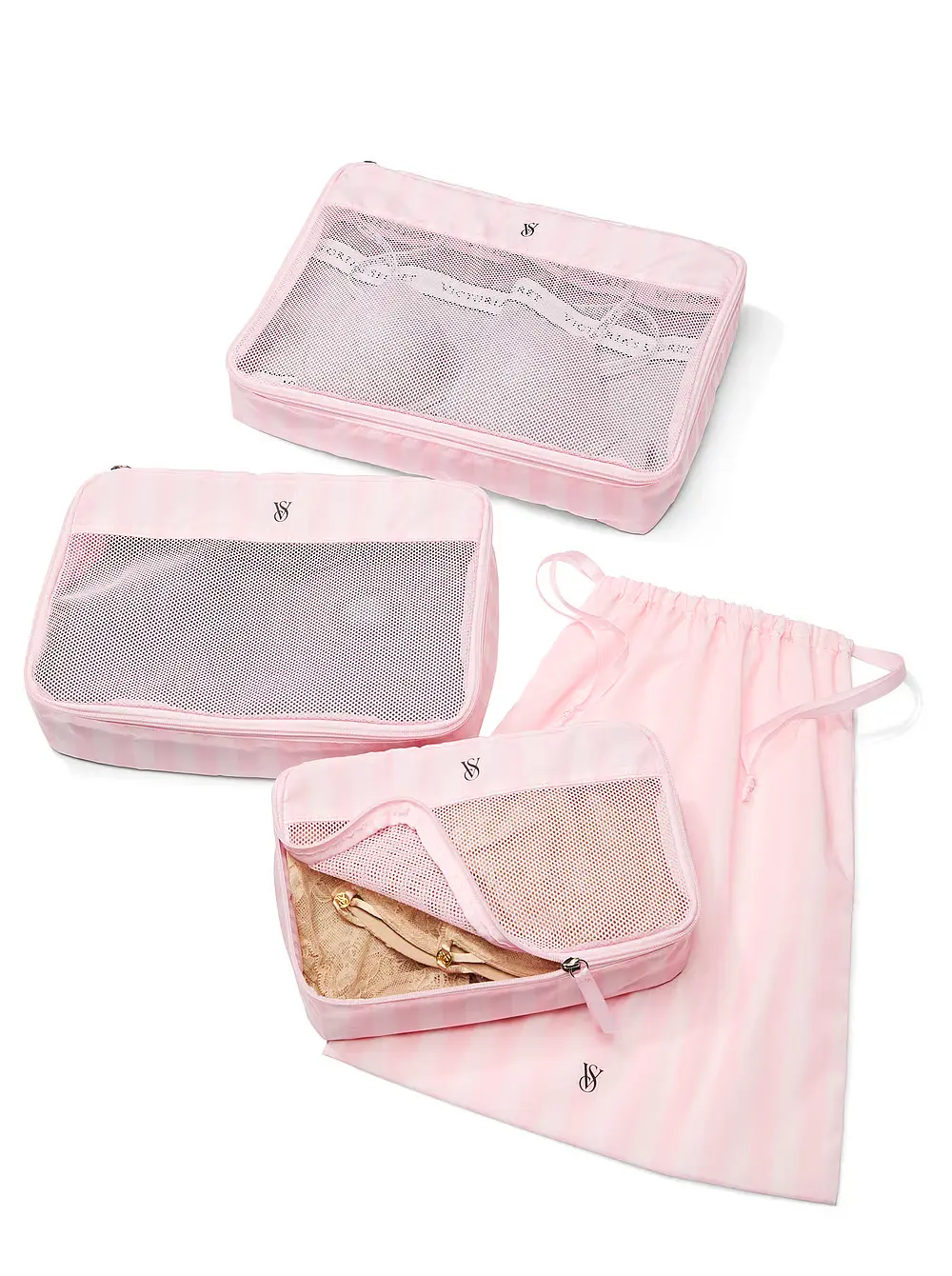 Набір косметичок-органайзерів Victoria's Secret 3-Piece Packing Cubes Set Heritage Stripe у смужку Рожевий (28766236)