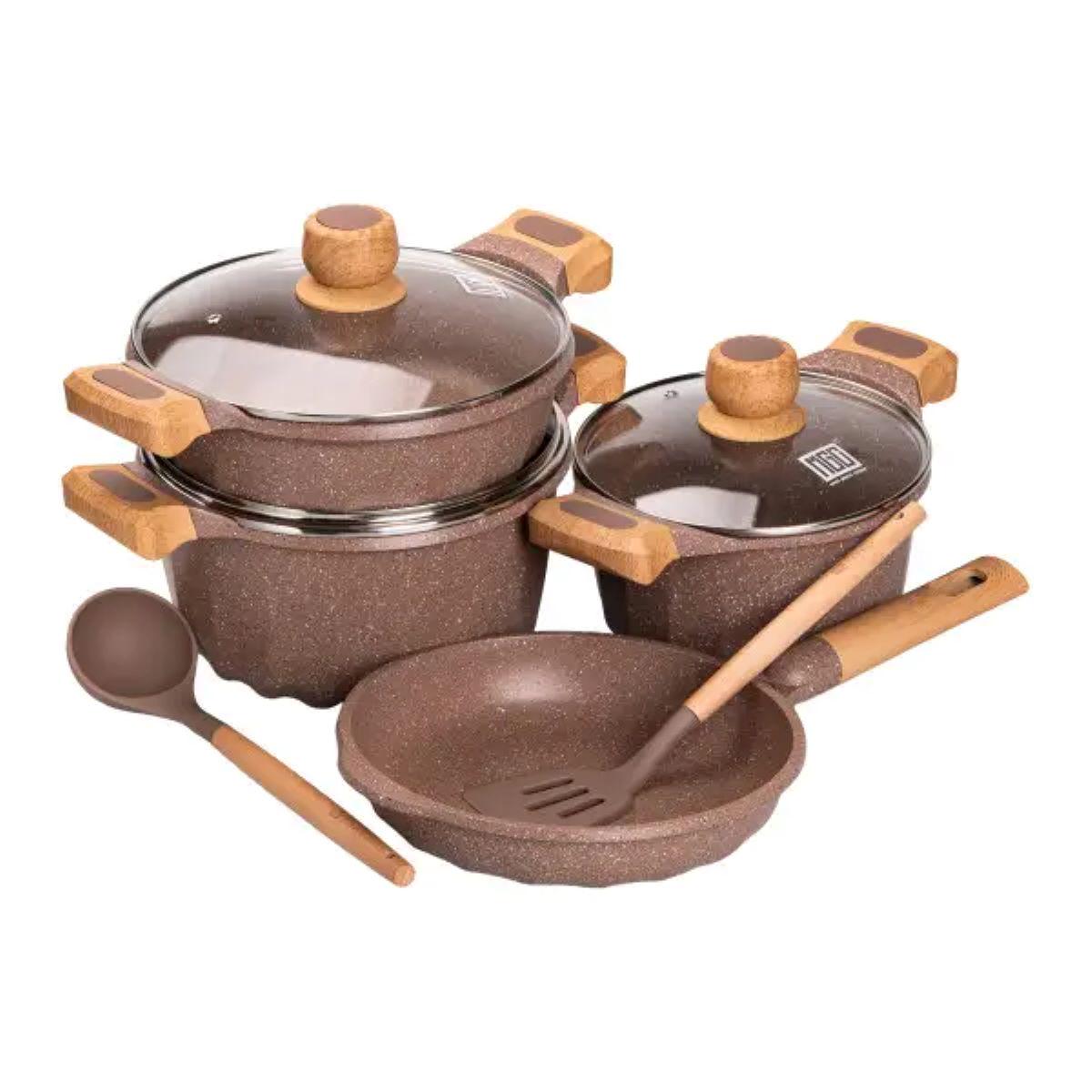 Набор посуды MGC кастрюли толстодонное алюминиевое дно с лопаткой и половником Кофейный (5136) - фото 1