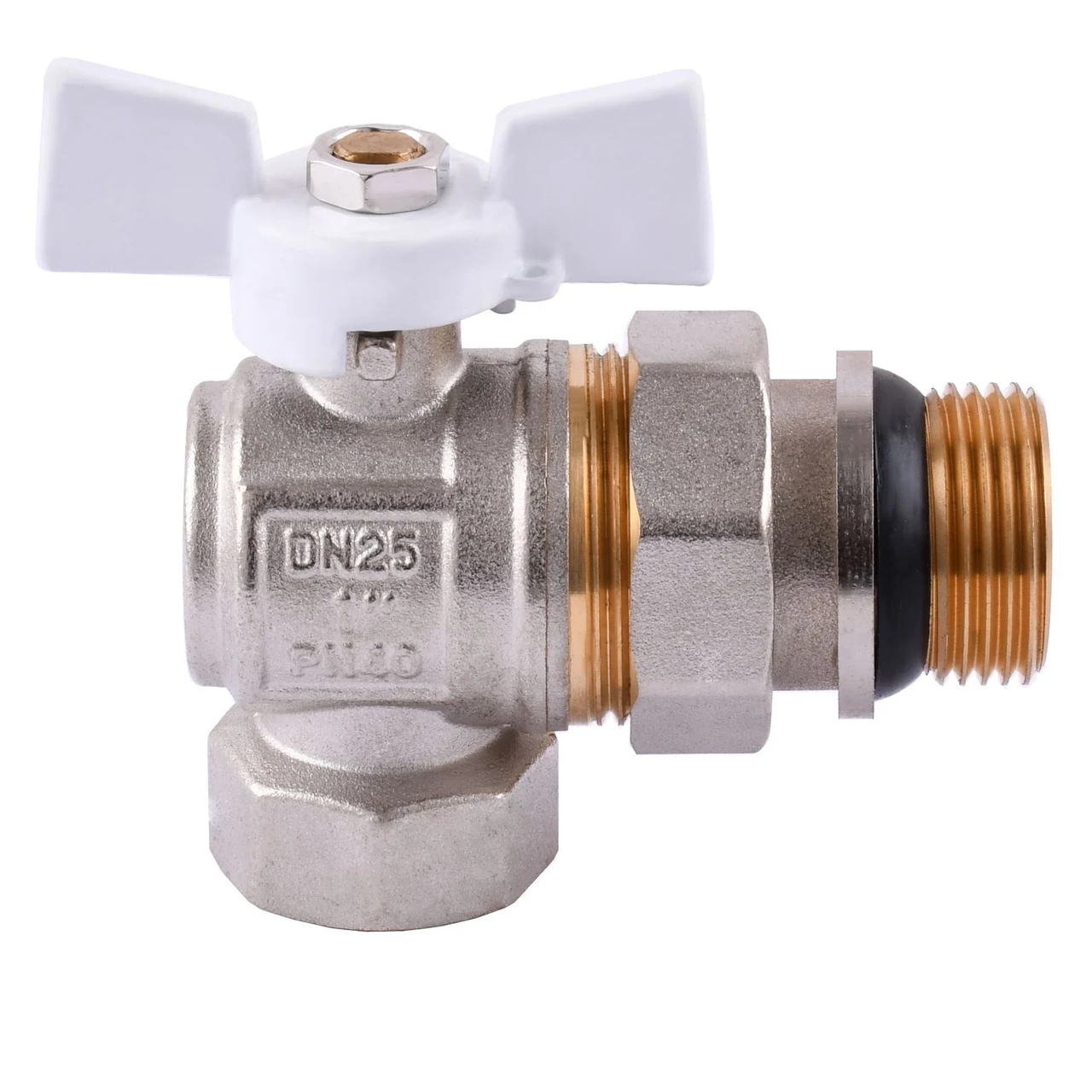 Кран шаровой угловой с американкой Professional Q QP004 PN40 1" антитечка белая бабочка (1200000237) Кран шаровой угловой с американкой Professional Q QP004 PN40 1" антитечка белая бабочка (1200000237)