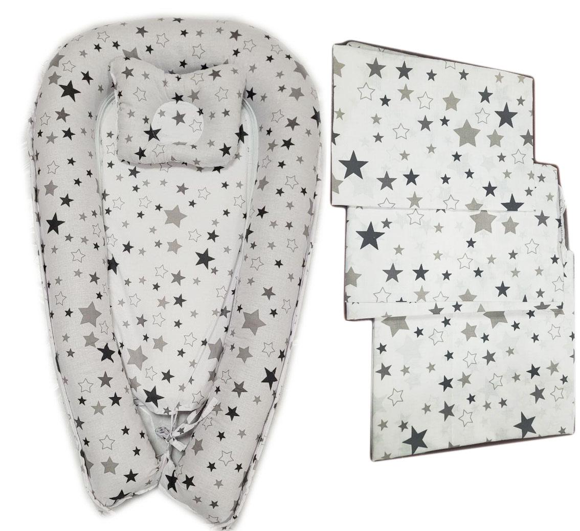 Набір в ліжечко Зірки постіль 3 елемента + кокон гніздечко з подушкою 5 пр. Білий/Сірий (11377766)