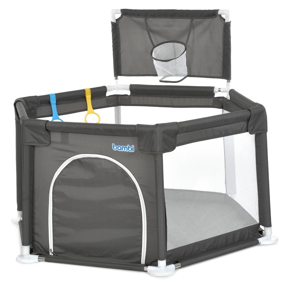 Манеж детский текстильный Bambi MR 1340-G с баскетбольным кольцом 138х121х63 см Серый (150-7-MR 1340-G)