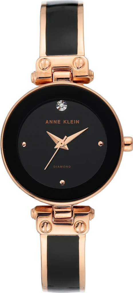 Наручные часы женские Anne Klein AK/1980BKRG с инкрустацией камнями/черным циферблатом и стальным браслетом