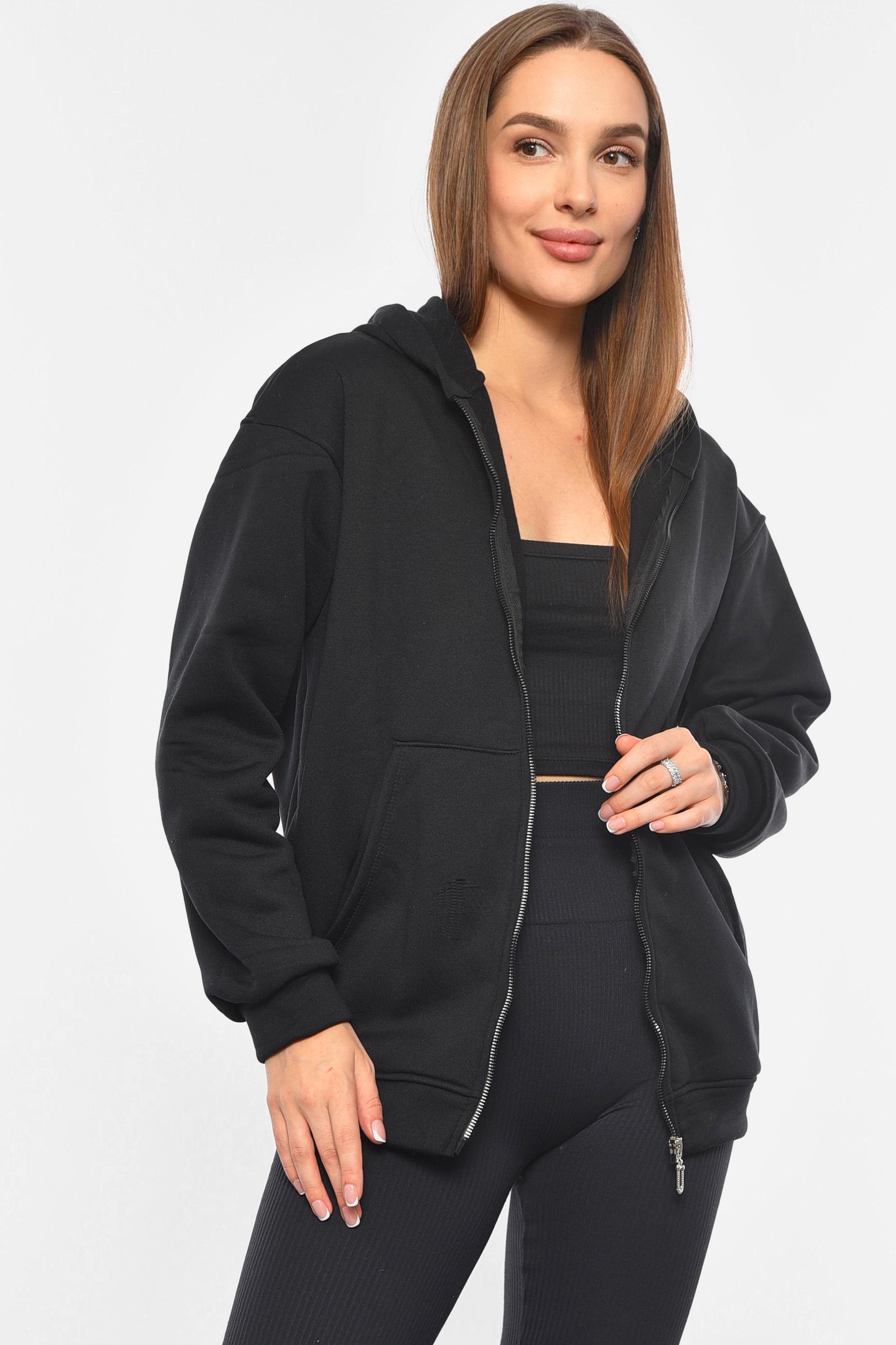 Кофта жіноча на флісі на блискавці S-M Чорний (190979) - фото 2 Кофта жіноча на флісі на блискавці S-M Чорний (190979) - фото 2
