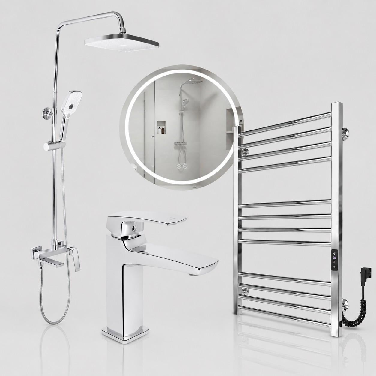 Комплект для ванної Qtap Tern Chrome + Mideya LED Round + Pola Polished/душова система 3в1/змішувач/LED-дзеркало та рушникосушарка