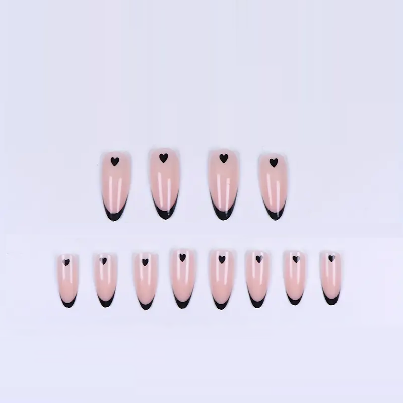 Нігті накладні френч Сердечки мигдаль середньої довжини з клейовими стіками 24 шт. Чорний (3000003699) - фото 7