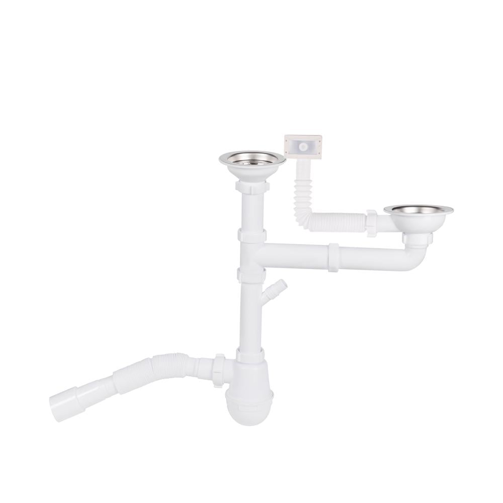 Сифон для кухонной мойки Lidz LK06 двойной разноуровневый выпуск колбовый 115 мм с квадратным переливом и дополнительным отводом (60 05 M003 00)