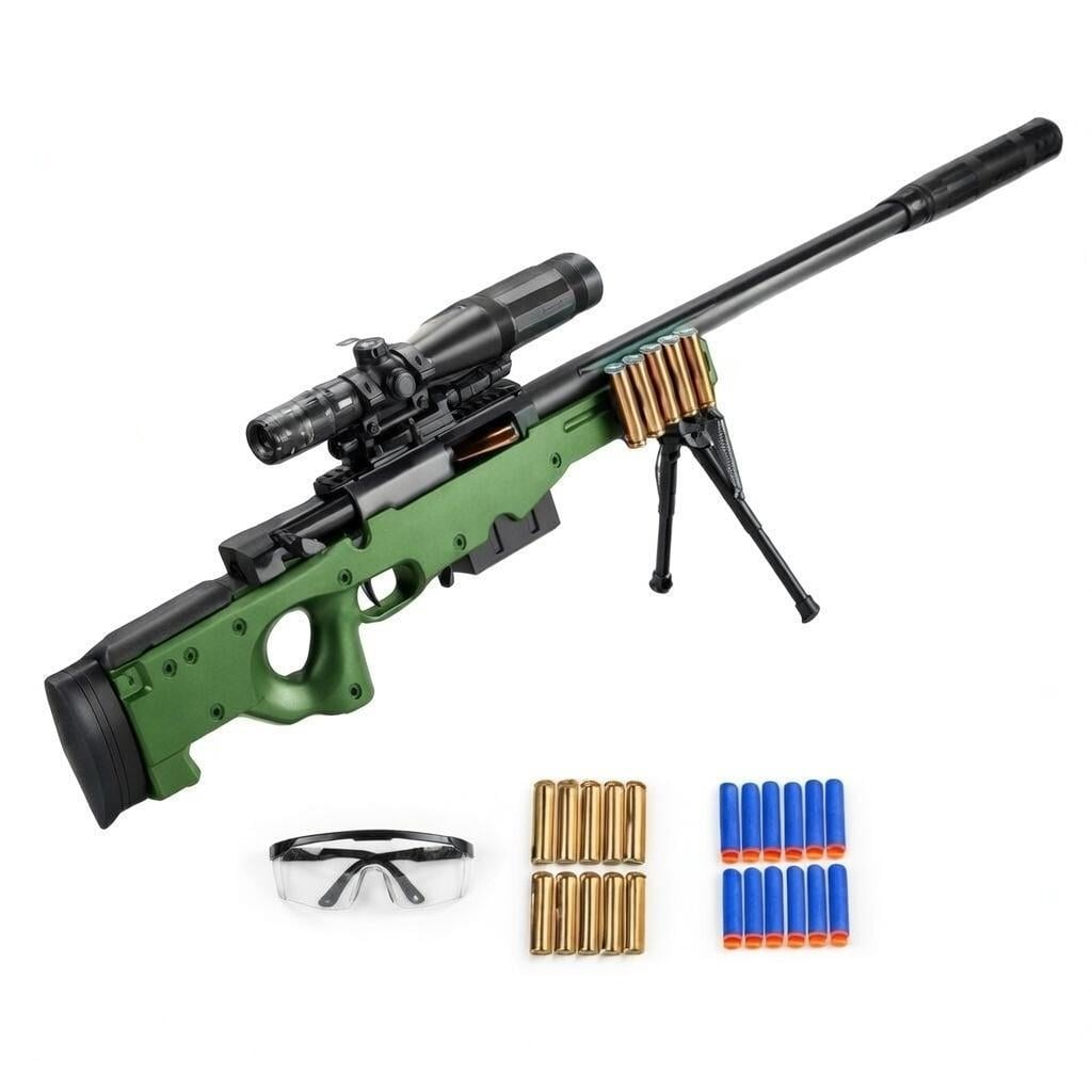 Винтовка снайперская игрушечная AWM лазерный прицел и вылетающие пневматические гильзы с сошками и глушителем (N-003) Винтовка снайперская игрушечная AWM лазерный прицел и вылетающие пневматические гильзы с сошками и глушителем (N-003)