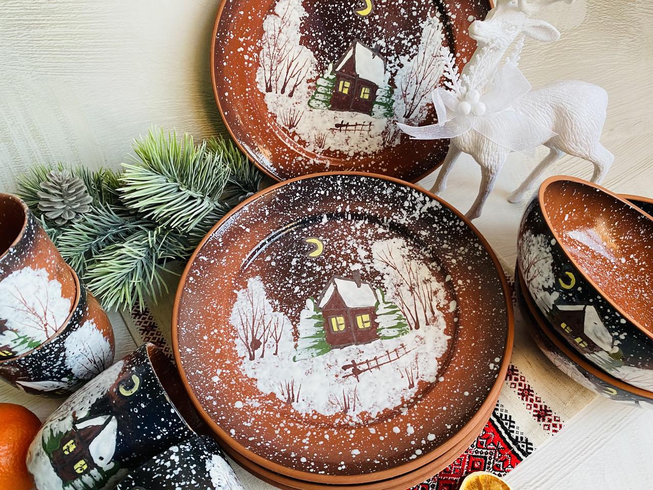 Тарелка глиняная порционная Рождественская Зима d 25 см с рисунком ручной работы - фото 5