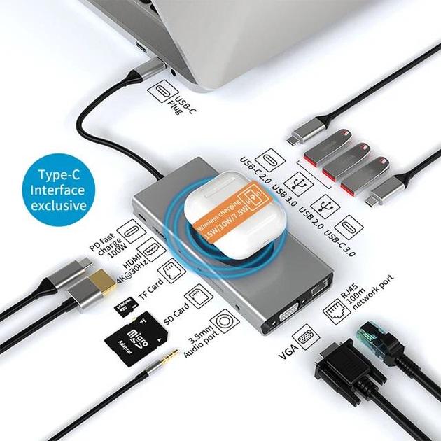 Хаб-концентратор Basix 13в1 Docking Station для Macbook/Windows с підтримкою безпровідної зарядки для iPhone/Android - фото 5