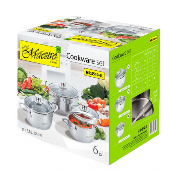 Набор посуды Maestro из нержавеющей стали со стеклянными крышками 6 пр. (b1e1d7c6) - фото 3