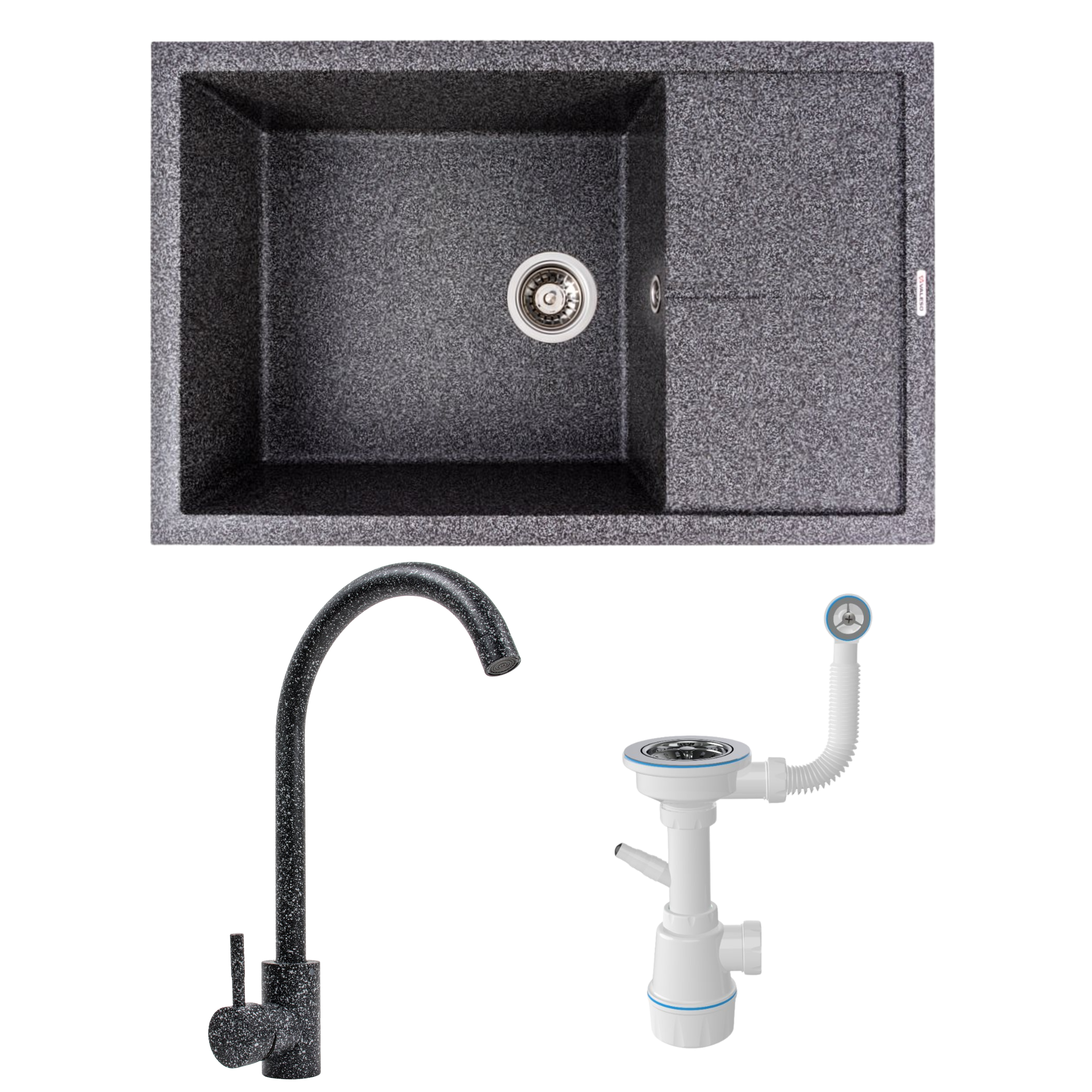Мийка кухонна гранітна 7950 CALYPSO Valeso/змішувач Q411MB/сифон Графітовий
