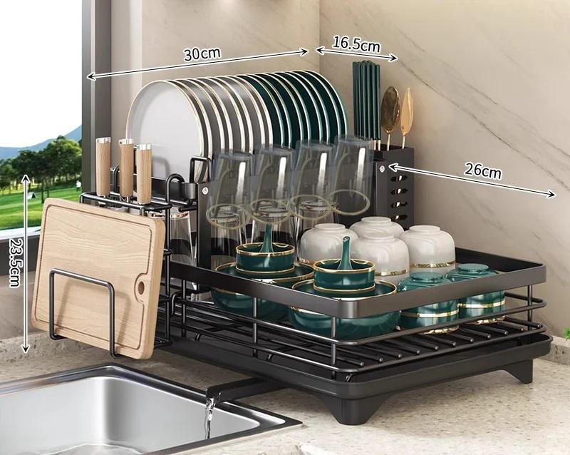 Сушарка двоярусна для посуду настільна з піддоном і зливом води Multifunctional Bowl Rack Чорний - фото 2 Сушарка двоярусна для посуду настільна з піддоном і зливом води Multifunctional Bowl Rack Чорний - фото 2