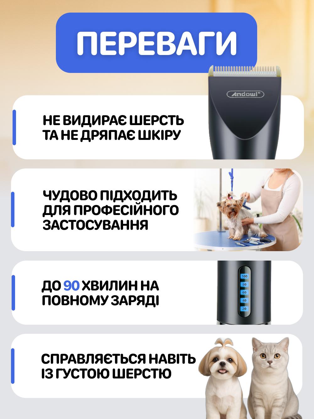 Машинка для стрижки тварин Andowl Q-T180X1 портативна бездротова на акумуляторі Чорний (dedebdbf) - фото 3