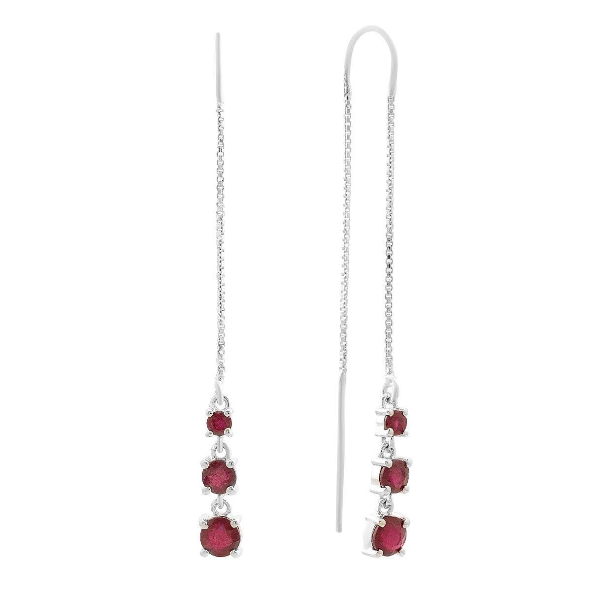 Серебряные серьги-протяжки с рубинами круглая форма насыщенный Красный