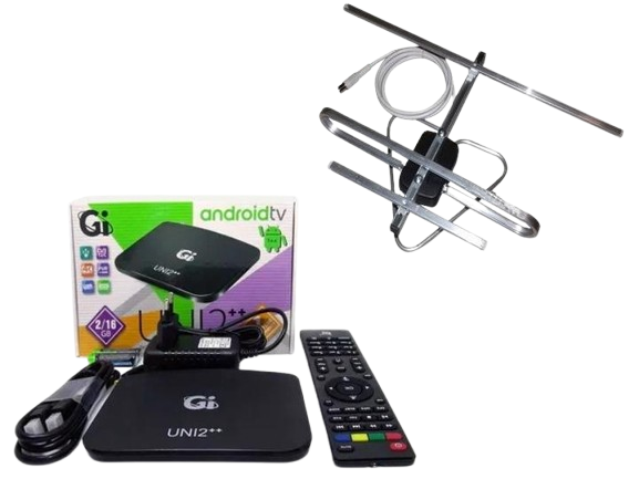 Комплект Смарт AndroidTV/Т2 тюнер GI UNI 2++ 2/16 TM/Антенна комнатная с тв-кабелем (1050)