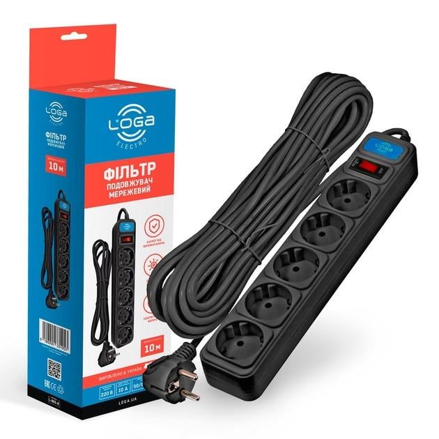 Мережевий фільтр подовжувач Loga L-905-B 5 розеток 10 м