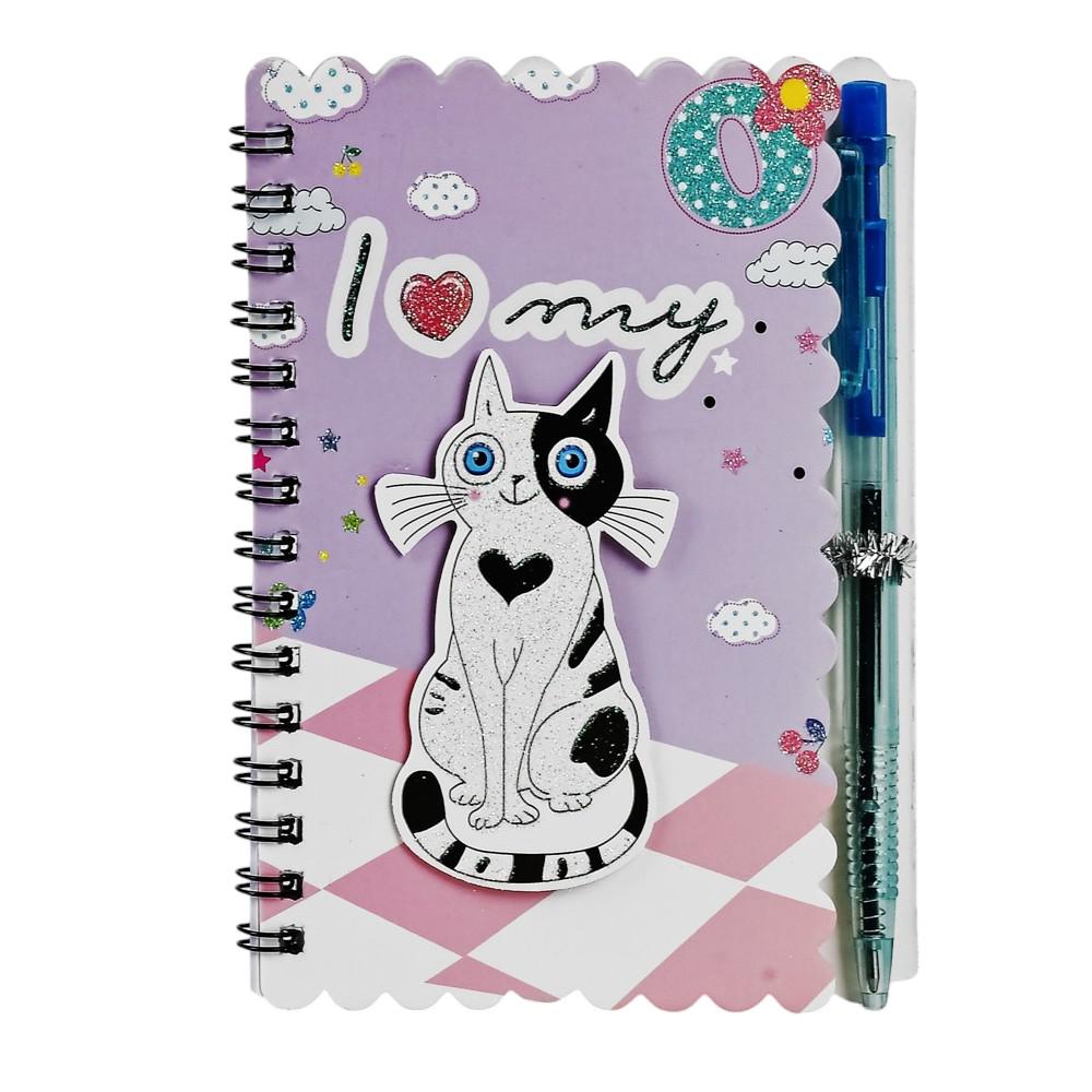 Блокнот с боковой спиралью Stenson Cats 10,5х14 см с ручкой и твердой обложкой Фиолетовый (WW01779ST)