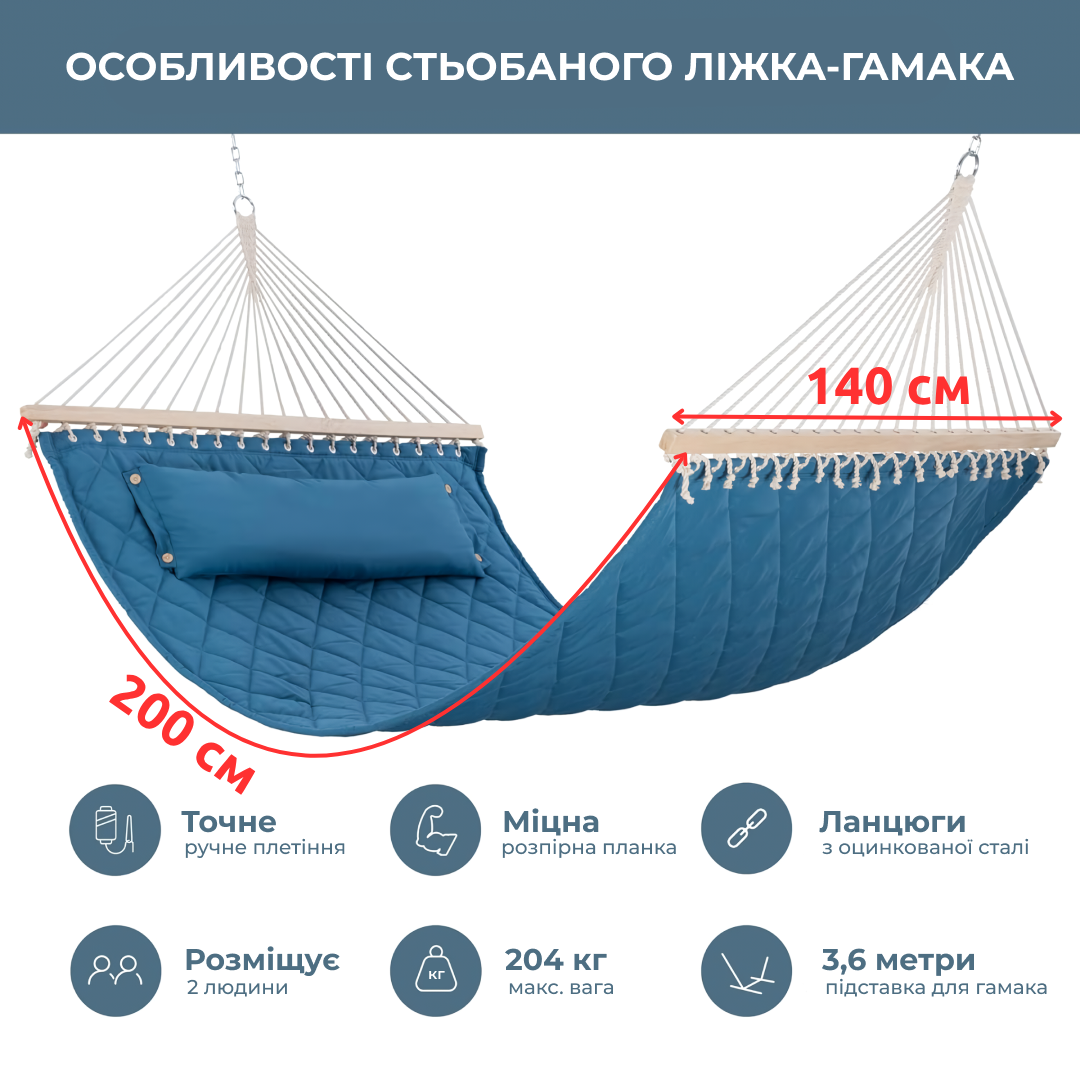 Гамак двухместный подвесной с планкой и металлическим каркасом WCG SOFT для отдыха в саду профиль 50х50 см XXL 200x140 см Голубой (W-5050H05-21) - фото 10
