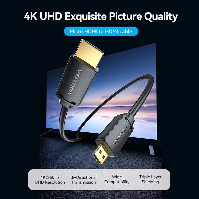 Кабель двонаправлений Vention micro HDMI-HDMI 2.0 4K 60Hz 18 Гбіт/с HDR 3D Dolby 1080P 120Hz HDMI-D на HDMI-A 3 м Чорний (AGIBI) - фото 2