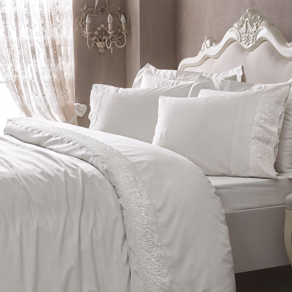 Постельное белье Tivolyo Home Elegant делюкс сатин с гипюром евро Белый