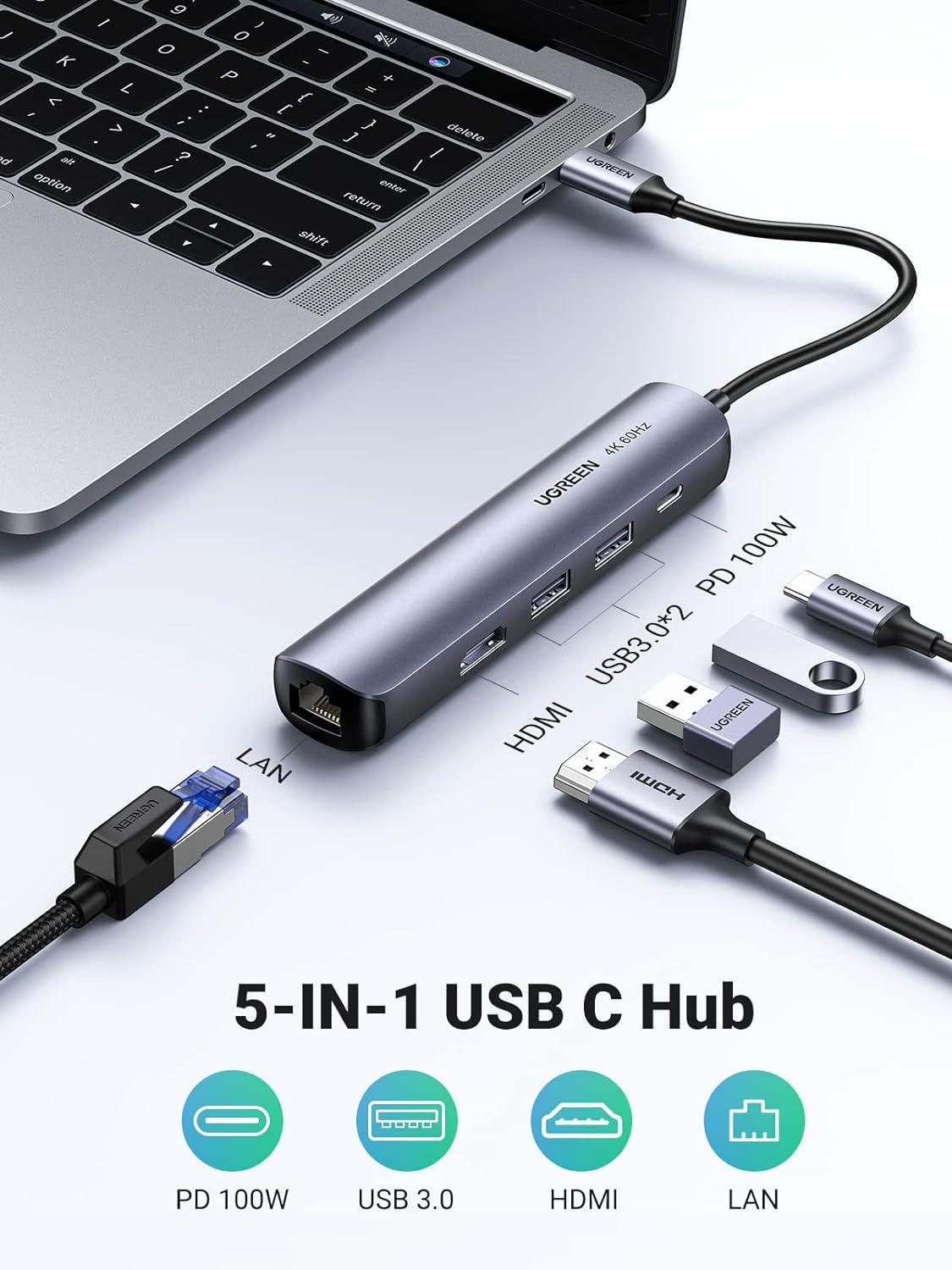 USB-хаб UGREEN Type-C-2x USB 3.0/5 Гбіт/с HDMI 4K 60Hz/RJ45 1 Гбіт/с Type-C PD 100W USB-C Сірий (10919) - фото 2 USB-хаб UGREEN Type-C-2x USB 3.0/5 Гбіт/с HDMI 4K 60Hz/RJ45 1 Гбіт/с Type-C PD 100W USB-C Сірий (10919) - фото 2