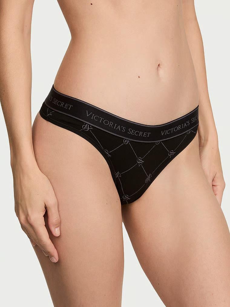 Трусики стринги Victoria's Secret Logo Cotton Thong Panty Diamond Vs Lockup L Черный (27273333)