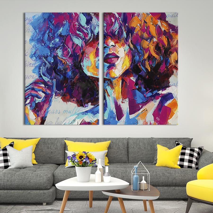 Настінний декор диптих картина на холсті для інтер’єру Яскрава абстрактна дівчина 111x81 см (542-2)