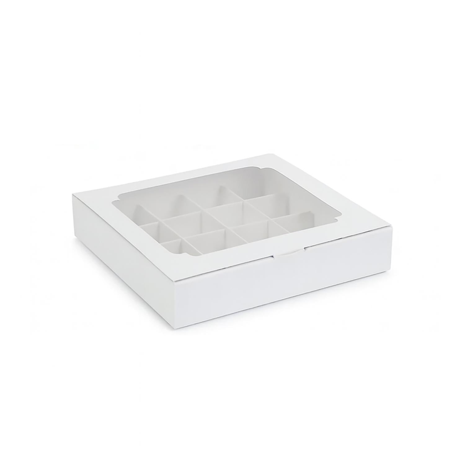 Коробка для 16 конфет орешков тарталеток 185x185x35 мм Белый с прозрачным
