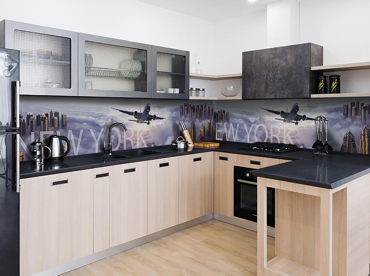 Кухонный фартук Самолет нью-йорк город небо из самоклеющейся виниловой пленки 65х250 см Серый