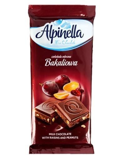 Шоколад молочний з арахісом та родзинками Alpinella Bakaliowa 90 г (1912808987)