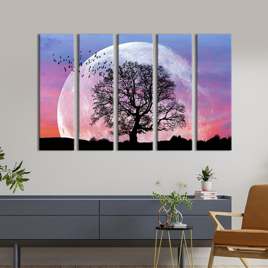 Модульна картина із 5 частин на холсті інтер'єрна картина Повний місяць і дерево 132х80 см (600-51)