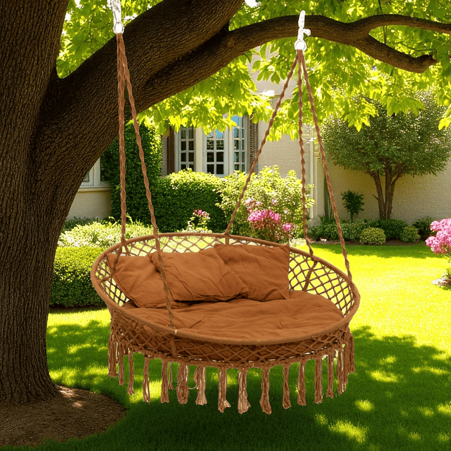 Качель круглая подвесная с подушкой WCG 140 см Коричневый (QNSW11BR1) - фото 1 Качель круглая подвесная с подушкой WCG 140 см Коричневый (QNSW11BR1) - фото 1