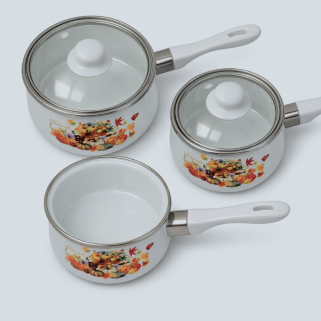 Кастрюли со стеклянными крышками, эмалированные 3 шт. 0,8/1,2/1,7 л