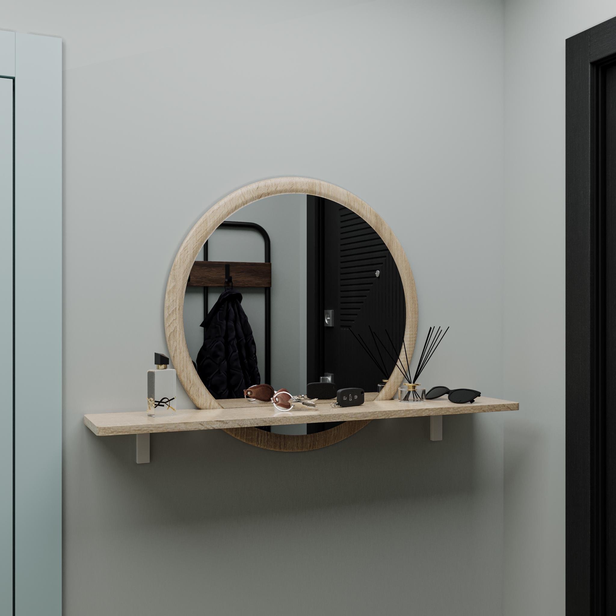 Зеркало настенное круглое 60 см с полкой МДФ влагостойкое 90 см Дуб сонома (А-140)