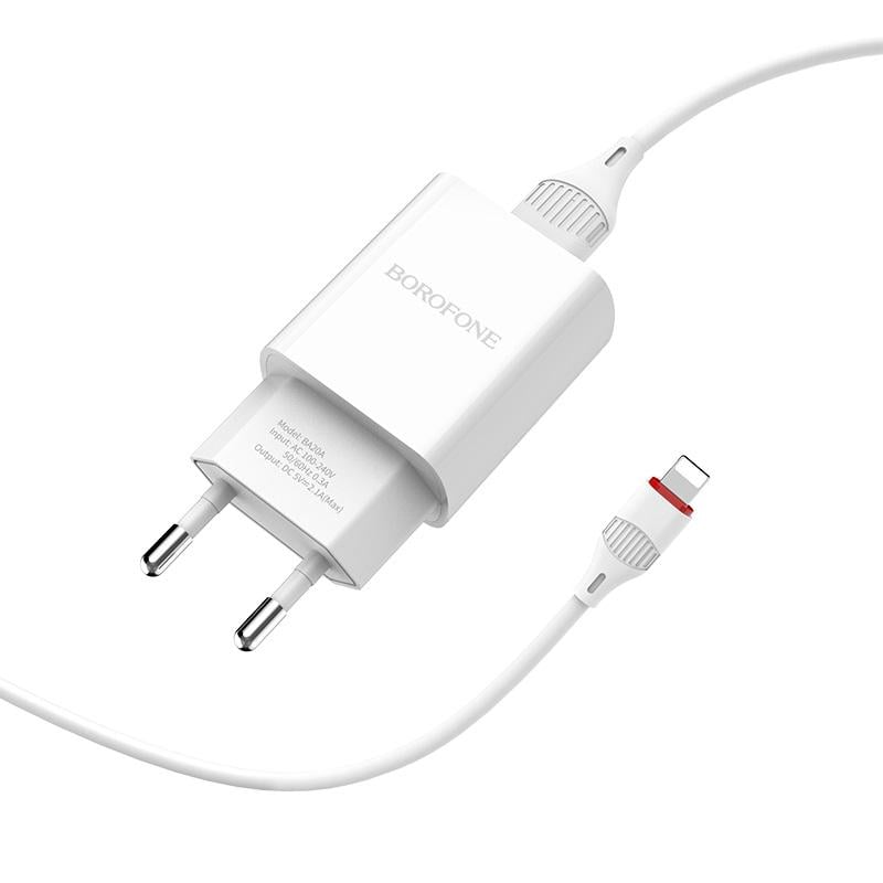 Зарядное устройство для телефона с кабелем Borofone BA20A Sharp Lightning 10,5W White (19196) Зарядное устройство для телефона с кабелем Borofone BA20A Sharp Lightning 10,5W White (19196)