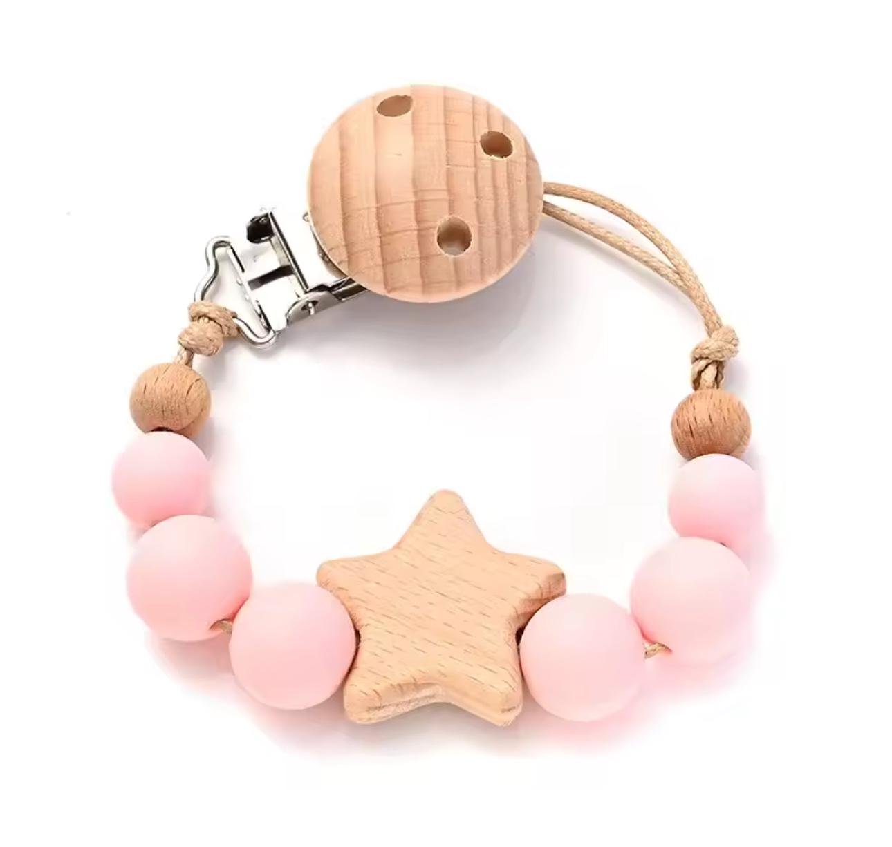 Держатель детский для пустышки с деревянной клипсой и силиконовыми бусинами Розовый