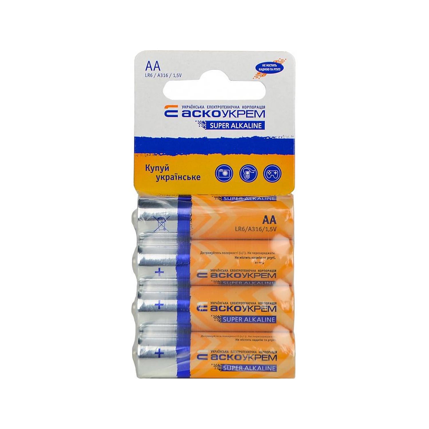 Батарейка АСКО-УКРЕМ АА щелочная 1,5V shrink card 4 шт. (Аско.LR6.SC4)
