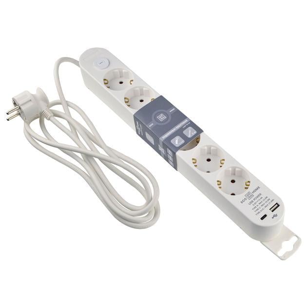 Подовжувач шестимісний АСКО-УКРЕМ Ornat побутовий з коробкою USB Type-C 2 м Білий (ECO019001010)