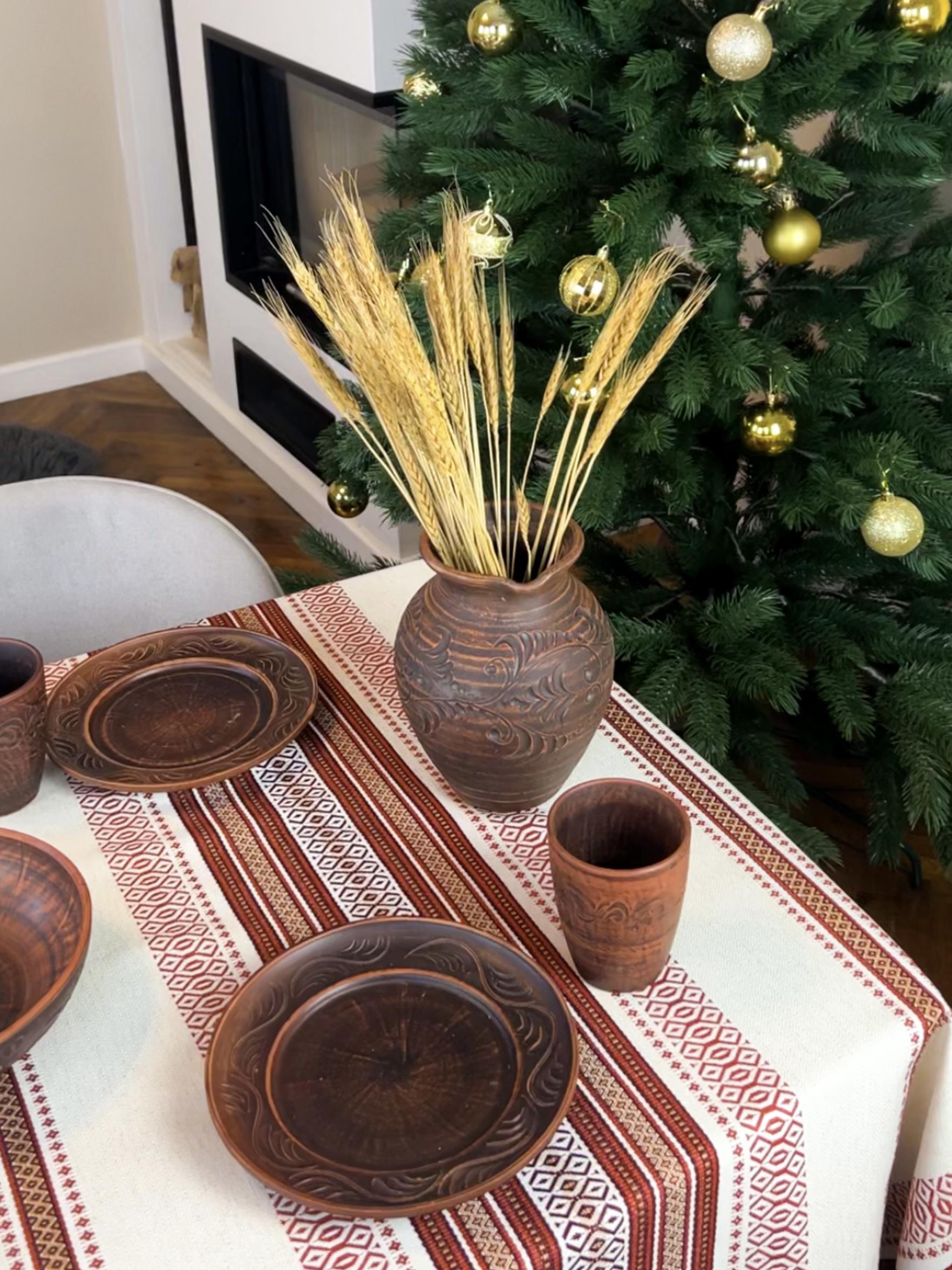 Скатертина лляна різдвяна Промінь з українським орнаментом 300x150 см Червоний (909-5)