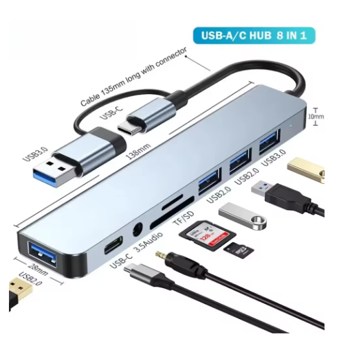 Хаб мультифункциональный USB универсальный адаптер концентратор с входом Type-C кардридер HDMI и HDTV/PD/USB-C/SD/TF/RJ45 8в1 (28337955) - фото 3 Хаб мультифункциональный USB универсальный адаптер концентратор с входом Type-C кардридер HDMI и HDTV/PD/USB-C/SD/TF/RJ45 8в1 (28337955) - фото 3