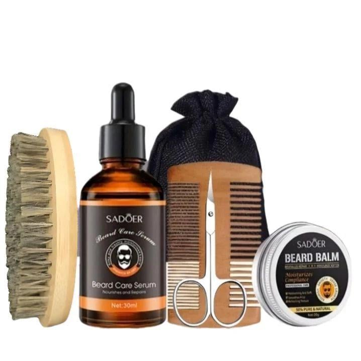 Набор по уходу за бородой и усами комплексный Sadoer Beard Care Serum увлажняющий с натуральной щеткой расческой и ножницами (31369836)