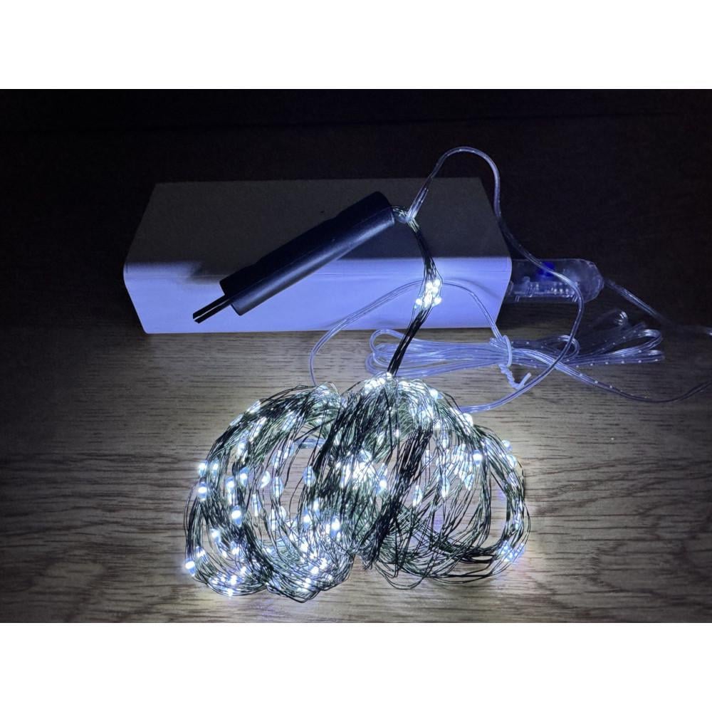 Гірлянда на ялинку Роса-дощик Кінський хвіст USB з пультом на зеленому кабелі 2 м 200LED Холодний білий (1000-RV334W)