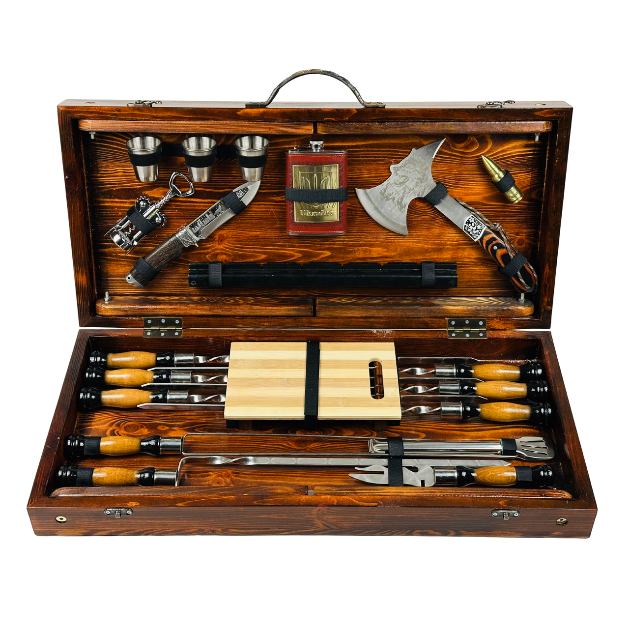 Набор шампуров в кейсе-столике с аксессуарами Волк МАХ с деревянными ручками