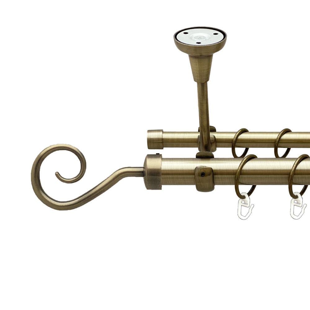 Карниз металлический Orvit Крюк двухрядный открытый к потолку/гладкая труба/кольцо металлическое Антик 25/16 мм 240 см (00-00018492)