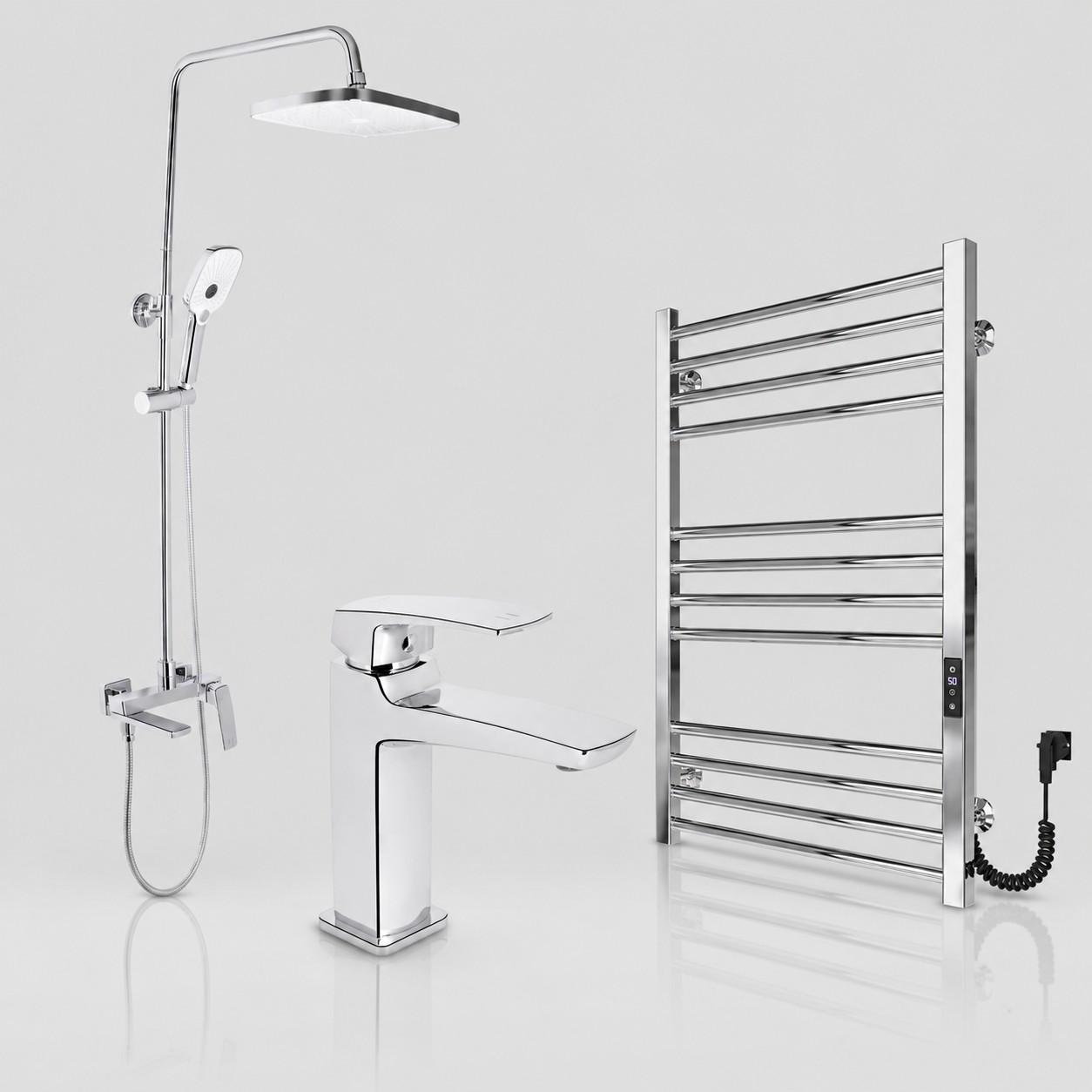Комплект для ванної Qtap Tern Chrome + Pola Polished/душова система 3в1 з виливом/змішувач для раковини/електрична рушникосушарка