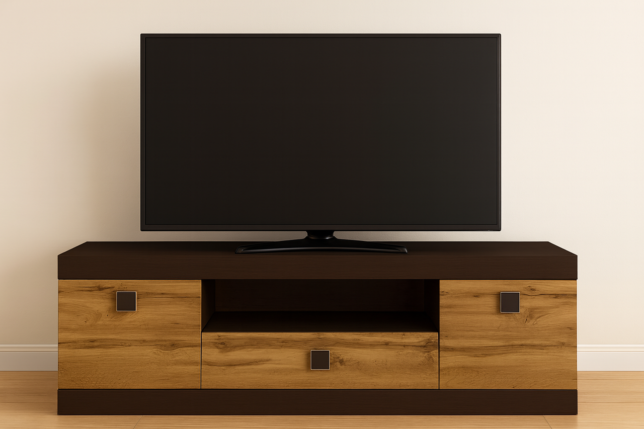 Тумба ТВ Sonata Everest с двумя отделениями/ящиком и открытой нишей 150x38x50 см. Венге темный/Дуб крафт золотой (31370696)