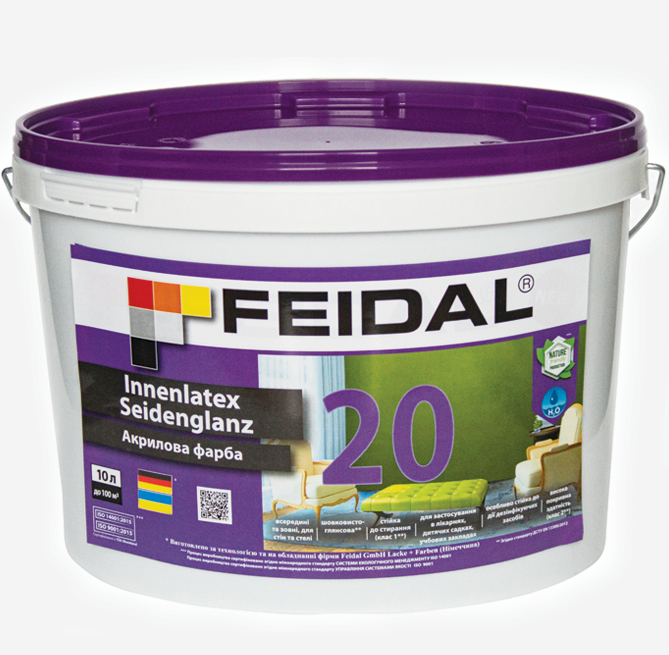 Краска интерьерная Feidal Innenlatex Seidenglanz 20 10 л Белый