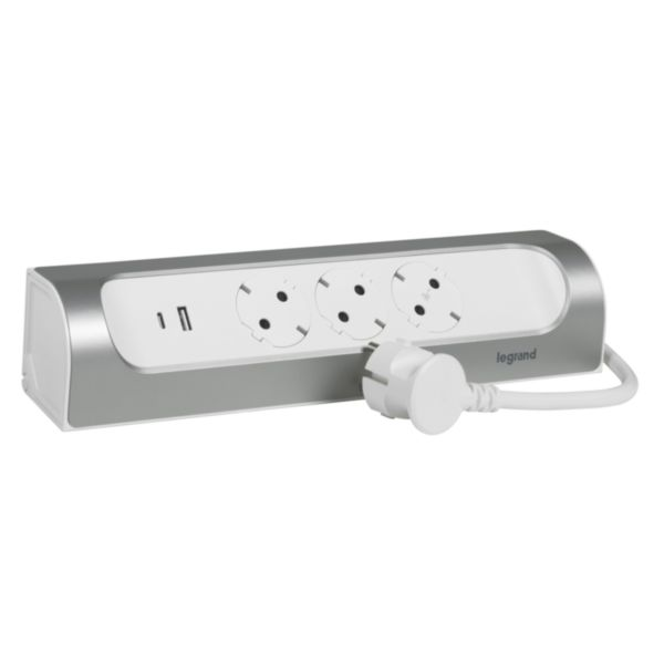 Удлинитель Legrand УГЛОВЫЙ 3х2К 3 розетки 16 А с USB A C с кабелем 1 м алюминий крашеный Белый