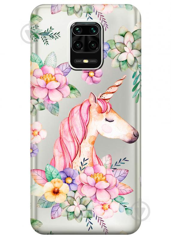 Прозрачный силиконовый чехол iSwag для Xiaomi Redmi Note 9S с рисунком - Единорог в цветах (M1667) Прозрачный силиконовый чехол iSwag для Xiaomi Redmi Note 9S с рисунком - Единорог в цветах (M1667)